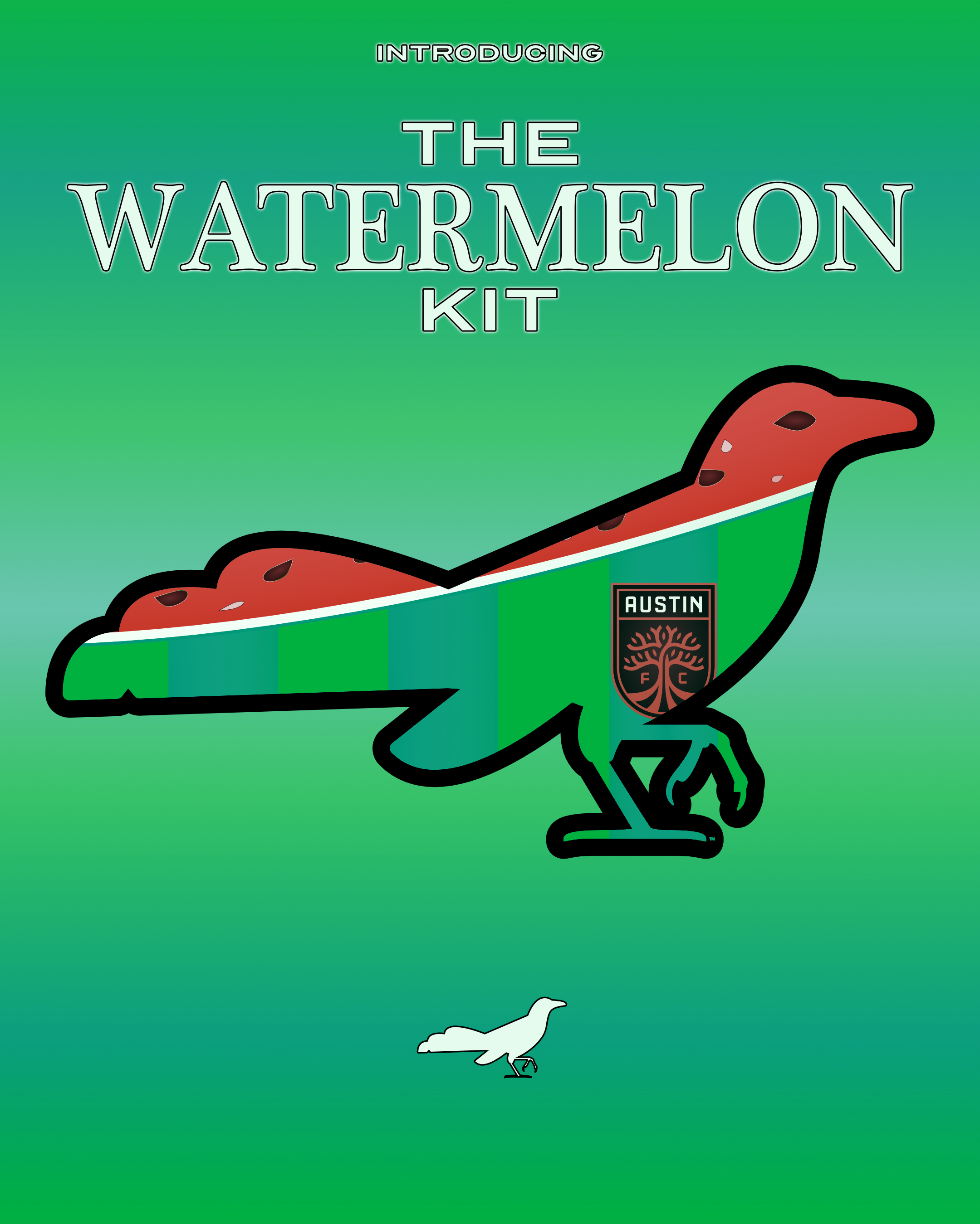 "A grackle in a watermelon jersey with a watermelon background.